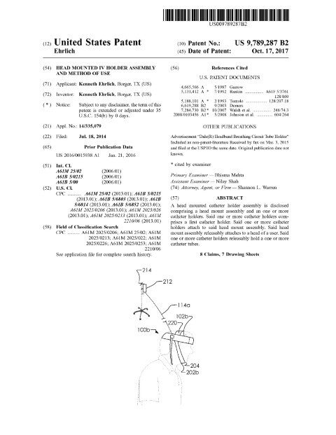 Head Mounted Iv Holder Assembly and Method of Use